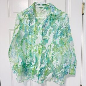 Coldwater Creek Sheer Green and Blue Blouse